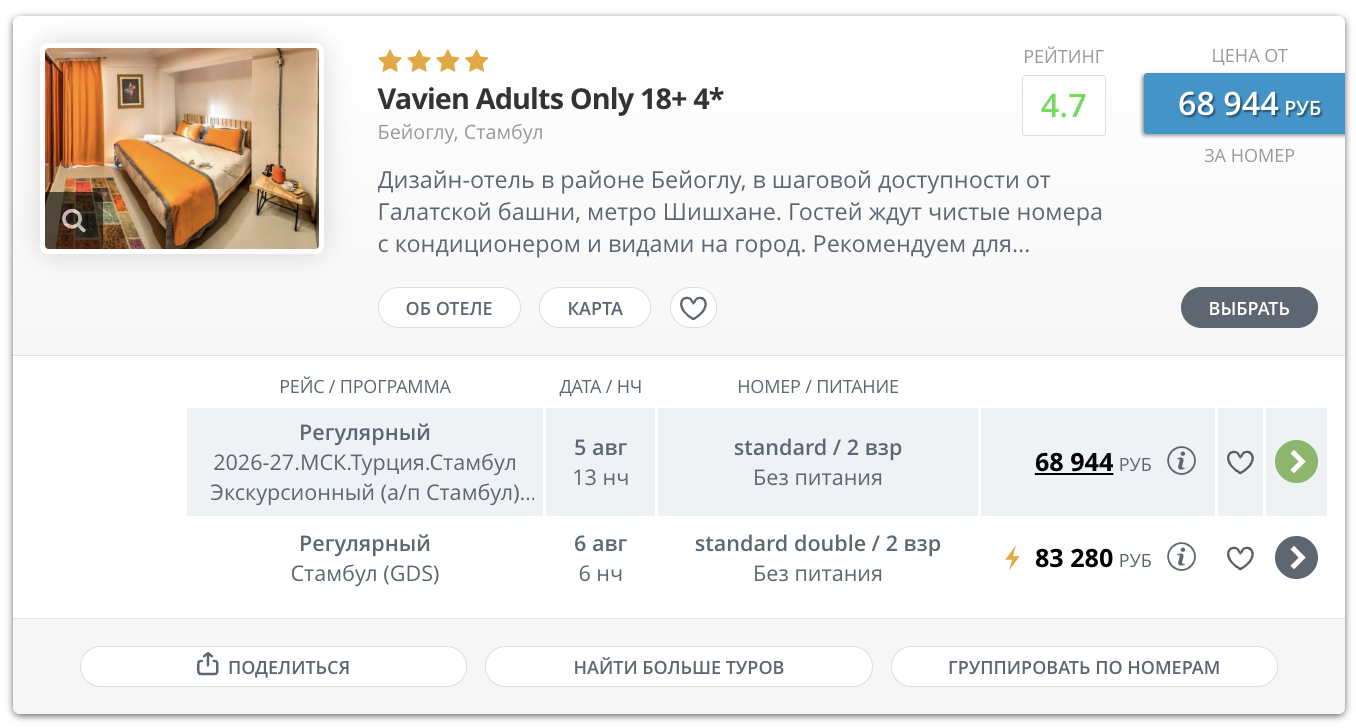 Выбор тура в карточке отеля